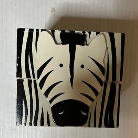 Vintage Trinket Box Wooden Painted Zebra Boho African Style 4.5" Cube Decor - Picture 1 of 7